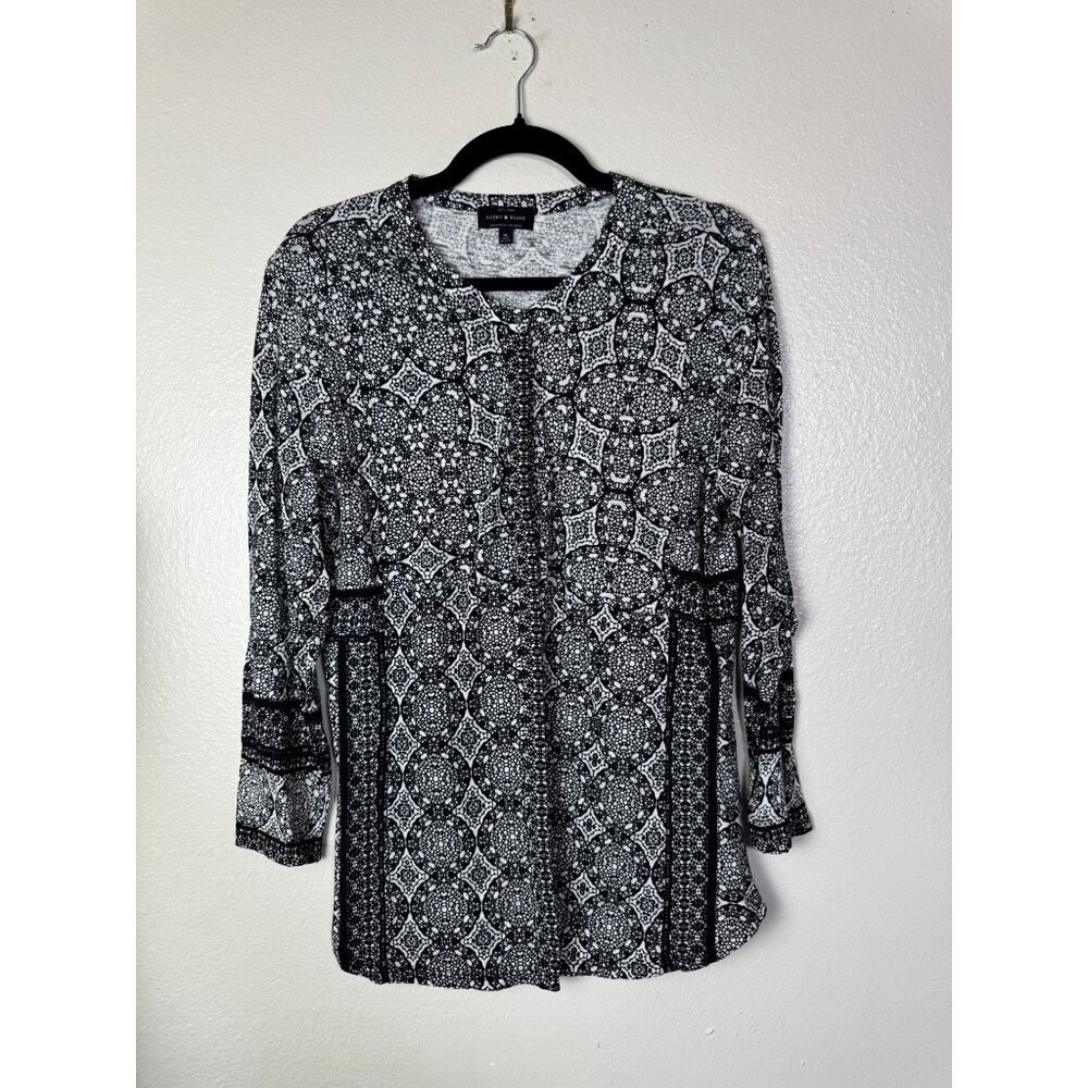 Lucky Brand Womens Black‎ White Boho Peasant Top Size XL 3/4 Sleeve Cotton Modal